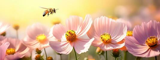 une abeille recueille nectar de une fleur dans une prairie, bannière fabriqué avec génératif ai photo