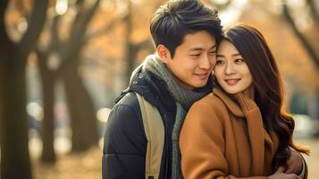 Jeune amoureux asiatique couple dans le parc dans l'automne, fabriqué avec génératif ai photo