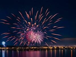 coloré feux d'artifice de divers couleurs plus de nuit ciel avec réflexion dans l'eau. génératif ai photo