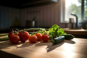 Frais des légumes prêt pour cuisson, préparation pour en bonne santé cuisine sur une en bois table dans le rustique intérieur de le cuisine. ai généré. photo