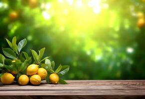 en bois table avec citron des fruits et gratuit espace sur la nature flou Contexte. généré ai. photo