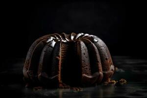 délicieux Chocolat bundt gâteau surmonté dessert avec ganache glaçage sur foncé Contexte. ai généré. photo