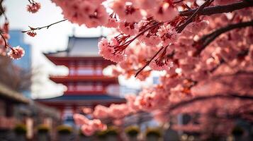 photo de Cerise fleurs et le sensoji temple dans Asakusa, Tokyo, Japon, généré par ai