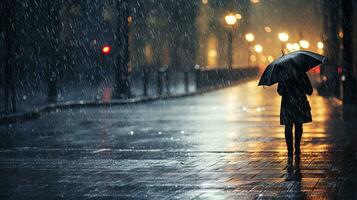 une photo de une homme avec un parapluie dans le milieu de lourd pluie, généré par ai