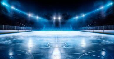 le hockey stade, vide des sports arène avec la glace patinoire, du froid Contexte avec brillant éclairage - ai généré image photo