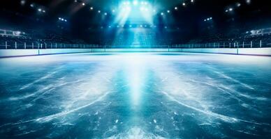 le hockey stade, vide des sports arène avec la glace patinoire, du froid Contexte avec brillant éclairage - ai généré image photo