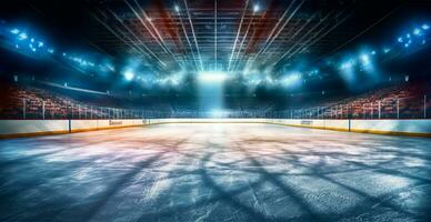 le hockey stade, vide des sports arène avec la glace patinoire, du froid Contexte avec brillant éclairage - ai généré image photo