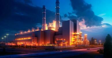 usine industriel tuyaux polluer le atmosphère, cheminée échappement des gaz, épais bouffées de fumée ai généré image photo