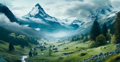 magnifique été brumeux paysage dans le montagnes de le Alpes, Voyage dans le montagnes - ai généré image photo