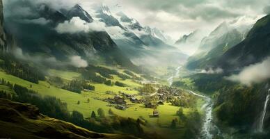 magnifique été brumeux paysage dans le montagnes de le Alpes, Voyage dans le montagnes - ai généré image photo