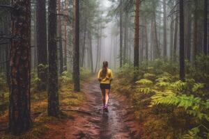 femme coureur dans des sports veste courir forêt Piste dans le pluie, retour voir. génératif ai photo