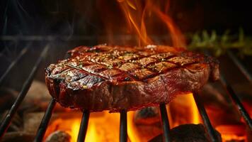 du boeuf steak avec marron croûte grillé sur brûlant poêle. génératif ai photo