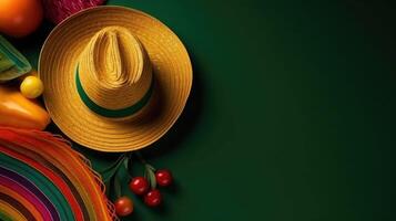 rond chapeau et cinco de mayo ornement sur bois Contexte pour cinco de mayo vente bannière, ai génératif photo