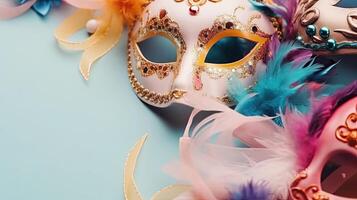 Haut vue de carnaval masques, et carnaval ornements sur pastel arrière-plan, ai génératif photo