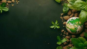 Haut vue de Terre journée vente bannière avec plante des graines et miniature Terre sur vert arrière-plan, ai génératif photo