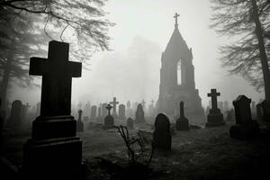 un de bonne heure brouillard couvrant un la tombe Cour avec pierres tombales. le pierres tombales dans le premier plan. génératif ai photo