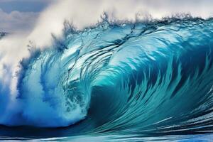 magnifique Profond bleu tube vague dans le océan. océan vague lever du soleil de à l'intérieur une plage vague. génératif ai photo