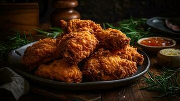 frit poulet sur en bois assiette avec flou arrière-plan, ai génératif photo