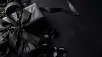 noir Vendredi avec cadeau boîte et noir ruban sur noir Contexte pour bannière conception, ai génératif photo