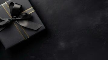 noir Vendredi vente bannière Contexte avec cadeau boîte et noir ruban sur noir arrière-plan, ai génératif photo