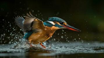 fermer rivière martin-pêcheur oiseau est chasse plus de rivière avec brouiller arrière-plan, ai génératif photo