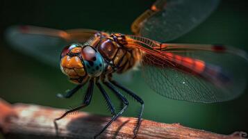 libellule perché sur une branche avec une flou arrière-plan, ai génératif photo