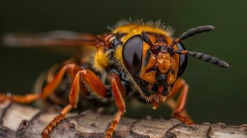 proche en haut photo de une abeille sur une arbre bifurquer, ai génératif