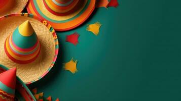 cinco de mayo vente bannière avec rond chapeau et cinco de mayo ornement, ai génératif photo