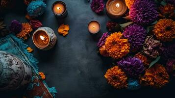 journée de le mort Contexte avec bougies et fleurs sur noir arrière-plan, ai génératif photo