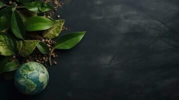 Terre journée bannière Contexte avec végétaux, plante des graines et miniature Terre, ai génératif photo