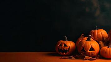 une bouquet de Orange citrouilles sur effrayant Contexte pour Halloween bannière, ai génératif photo