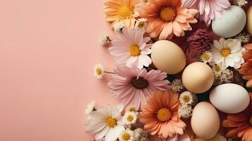 Haut vue de content Pâques journée avec coloré des œufs et fleurs sur pastel arrière-plan, ai génératif photo