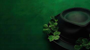 Haut vue de st patrick's bannière concept conception de vert chapeau et vert feuilles sur pastel arrière-plan, ai génératif photo