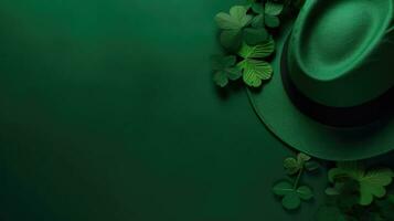 st patrick's pour vente bannière Contexte avec vert chapeau et vert feuilles sur vert pastel arrière-plan, ai génératif photo