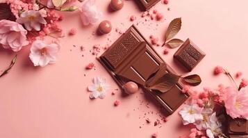 Haut vue de Valentin journée bannière conception de une collection de Chocolat et rose fleur arrose, ai génératif photo