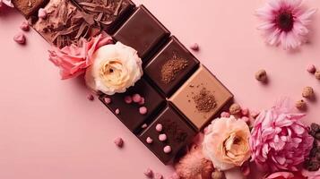 Valentin journée pour vente bannière Contexte avec une collection de Chocolat et rose fleur arrose, ai génératif photo