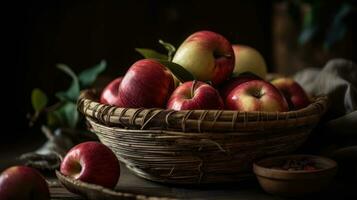 une bouquet de Frais pommes dans une panier avec brouiller Contexte et bien voir, ai génératif photo