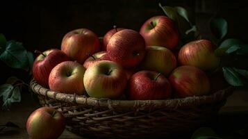 parfait visualisation angle de bouquet de pommes dans une panier avec brouiller arrière-plan, ai génératif photo