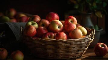 une bouquet de Frais rouge pommes dans une panier avec brouiller arrière-plan, ai génératif photo