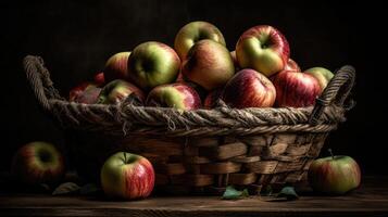 une bouquet de Frais pommes dans une panier avec brouiller Contexte et bien voir, ai génératif photo