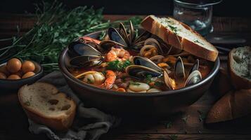 proche en haut cioppino soupe avec palourde Viande sur une noir assiette et brouiller arrière-plan, ai génératif photo