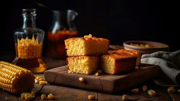 duveteux gâteau pain au maïs sur bois assiette avec flou arrière-plan, ai génératif photo