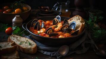 épicé rouge cioppino soupe avec palourde Viande sur une noir assiette et brouiller arrière-plan, ai génératif photo