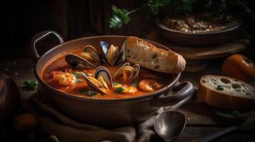 proche en haut épicé rouge cioppino soupe avec palourde Viande sur une noir assiette et brouiller arrière-plan, ai génératif photo