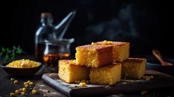 proche en haut duveteux gâteau pain au maïs sur bois assiette avec flou arrière-plan, ai génératif photo