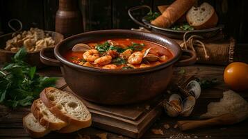 cioppino soupe avec palourde Viande sur une noir assiette et brouiller arrière-plan, ai génératif photo