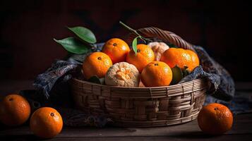 Frais mandarin dans une bambou panier avec flou arrière-plan, ai génératif photo