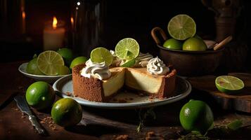 proche en haut sucré citron vert tarte avec tranché citron vert fruit brouiller arrière-plan, ai génératif photo