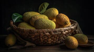 jack des fruits sur bambou panier avec jack fruit feuille et flou arrière-plan, ai génératif photo