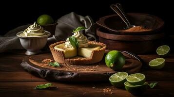 proche en haut sucré citron vert tarte avec tranché citron vert fruit brouiller arrière-plan, ai génératif photo